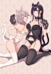  2girls ane_naru_mono animal_ears breasts cat_ears cat_girl cat_lingerie cat_tail chain chiyo_(ane_naru_mono) collar gloves haru_(ane_naru_mono) highres large_breasts lingerie long_hair meme_attire mole multiple_girls panties paw_gloves paws pochi_(pochi-goya) short_hair small_breasts tail thighhighs underwear white_panties 