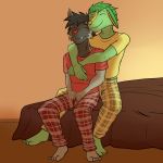  1:1 anthro anthrofied barefoot bed clothed clothing duo electrike eyes_closed fangs fully_clothed furniture fuze hi_res hug hugging_from_behind jolt_(fuze) male male/male nintendo on_bed pajama_pants pawl_(fuze) pok&eacute;mon pok&eacute;mon_(species) poochyena romantic_couple shirt sitting sitting_on_bed t-shirt topwear video_games 