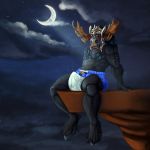  1:1 anthro antlers black_body black_fur capreoline cervid crescent_moon diaper erection erection_in_diaper facial_piercing fur hi_res hooves horn looking_at_viewer male mammal mask moon moose night nose_piercing nose_ring piercing silenceartwork solo 