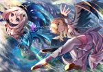  2girls anemone_noa armpits bangs bare_shoulders blonde_hair bloomers blue_eyes breasts cape city detached_sleeves dragon dress dvalin_(genshin_impact) eyebrows_visible_through_hair falling flower genshin_impact gloves hair_between_eyes hair_flower hair_ornament halo long_sleeves looking_at_viewer lumine_(genshin_impact) multiple_girls open_mouth paimon_(genshin_impact) scarf short_hair smile thighhighs thighs underwear white_dress white_hair white_legwear wings yellow_eyes 