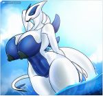  anthro big_breasts blue_body breasts female genitals hi_res hospitallerinaboat huge_breasts legendary_pok&eacute;mon lugia multicolored_body nintendo nipples nude pok&eacute;mon pok&eacute;mon_(species) pussy solo two_tone_body video_games water wet wet_body white_body 