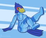  anthro avian bird clothing crossgender falco_lombardi female green_eyes hi_res looking_at_viewer metroid nintendo parrot pose raised_leg rubber rubber_suit rvlis solo star_fox video_games zero_suit 
