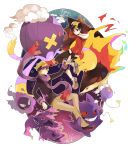  2boys backwards_hat baseball_cap black_hair black_sweater blonde_hair capri_pants commentary_request drifblim drifloon ethan_(pokemon) gastly gen_1_pokemon gen_2_pokemon gen_4_pokemon gengar hand_on_headwear hat headband highres holding_hands long_sleeves male_focus mismagius morty_(pokemon) multiple_boys pants pokemon pokemon_(creature) pokemon_(game) pokemon_hgss purple_headband purple_scarf ribbed_sweater sakamoto_shinn scarf shoes sweater typhlosion 