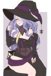  1girl absurdres adjusting_hair alternate_costume asymmetrical_legwear bare_shoulders belt belt_buckle black_dress black_headwear blush breasts buckle camilla_(fire_emblem) cleavage closed_mouth commentary cryptid_crab dress english_commentary fire_emblem fire_emblem_fates hair_over_one_eye halloween hand_in_hair hat highres juliet_sleeves large_breasts lips long_hair long_sleeves looking_at_viewer puffy_sleeves purple_eyes purple_hair purple_ribbon ribbon simple_background sitting smile solo strapless strapless_dress twitter_username witch witch_hat 