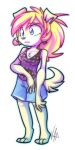  2007 anthro barefoot blonde_hair blue_eyes bottomwear breasts canid canine canis chest_tuft clothing domestic_dog female hair mammal shorts simple_background solo standing tan_body tuft vap_(vaporotem) vaporotem white_background 