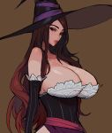  1girl absurdres bare_shoulders breasts brown_background brown_eyes brown_hair cleavage detached_sleeves dragon&#039;s_crown ennuigrl hat highres large_breasts lips long_hair looking_at_viewer side_slit simple_background solo sorceress_(dragon&#039;s_crown) witch_hat 