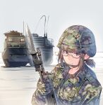  1girl aav7 assault_rifle bangs bayonet brown_eyes closed_mouth commentary_request daito day glasses gloves ground_vehicle gun helmet holding holding_gun holding_weapon howa_type_89 japan_ground_self-defense_force japan_self-defense_force long_sleeves looking_at_object medium_hair military military_uniform military_vehicle original outdoors rifle semi-rimless_eyewear soldier solo under-rim_eyewear uniform upper_body weapon 