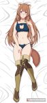  1girl absurdres animal_ears bed_sheet blue_bra blue_panties blue_ribbon blush boots bra breasts brown_footwear brown_hair cat_cutout cat_ear_panties cat_lingerie cinderella_bust cleavage cleavage_cutout closed_mouth clothing_cutout collarbone dakimakura frilled_bra frills from_above full_body hair_tubes hand_on_lap highres lepsaart(lepsa) long_hair looking_at_viewer meme_attire navel panties purple_eyes raccoon_ears raccoon_girl raccoon_tail raphtalia ribbon shiny shiny_hair shiny_skin side-tie_panties small_breasts smile solo tail tate_no_yuusha_no_nariagari thigh_boots thighhighs underwear underwear_only very_long_hair watermark 