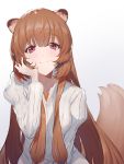  1girl absurdres animal_ears bangs brown_hair closed_mouth eyebrows_visible_through_hair gradient gradient_background hair_between_eyes hand_in_hair highres long_hair long_sleeves looking_at_viewer mycash75 raccoon_ears raccoon_girl raccoon_tail raphtalia red_eyes ribbed_sweater shiny shiny_hair sketch smile solo sweater tail tate_no_yuusha_no_nariagari upper_body very_long_hair white_background white_sweater 