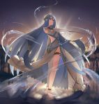  1girl a_(user_vtsy8742) asymmetrical_legwear azura_(fire_emblem) barefoot blue_hair blue_ribbon closed_mouth commentary dancing dress elbow_gloves english_commentary fire_emblem fire_emblem_fates gloves hair_between_eyes highres hydrokinesis jewelry long_hair looking_at_viewer on_liquid outdoors pond ribbon sky smile solo strapless strapless_dress tree veil very_long_hair water white_dress white_gloves white_veil yellow_eyes 