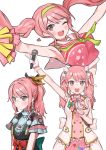  1girl absurdres bang_dream! bare_shoulders earrings feathers hair_feathers hair_ribbon hairband heart highres jewelry maruyama_aya microphone pink_hair pink_ribbon pom_poms ponytail red_ribbon ribbon salute seojinhui twintails two-finger_salute white_ribbon 