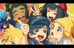  2girls 3boys artist_name bangs baseball_cap beanie black_hair blonde_hair blush cosmog elio_(pokemon) eyelashes gen_7_pokemon gladion_(pokemon) green_eyes green_hair hand_on_another&#039;s_shoulder hand_up hat hau_(pokemon) legendary_pokemon lillie_(pokemon) long_hair multiple_boys multiple_girls open_mouth pokemon pokemon_(creature) pokemon_(game) pokemon_sm selene_(pokemon) smile sparkle swept_bangs symbol_commentary teeth thumbs_up tongue v watermark yuuna_minato 