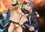  2boys abs abs_cutout bara bare_chest black_hair black_shirt bulge chest cleavage_cutout closed_eyes clothing_cutout commission couple crotchless crotchless_pants earrings facial_hair goatee green_eyes gyee hand_on_another&#039;s_shoulder highres jewelry kienbiu kiss male_focus multicolored_hair multiple_boys muscle navel nipples purple_hair revealing_clothes second-party_source shirt short_hair shrug_(clothing) sideburns skin_tight spread_legs su_(gyee) thick_thighs thigh_cutout thighs two-tone_hair yan_(gyee) yaoi 