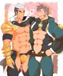  2boys abs abs_cutout armor bara bare_chest black_hair blush chest clothing_cutout commission couple crotchless crotchless_pants earrings facial_hair goatee green_eyes gyee hand_on_another&#039;s_head hand_on_hip heart highres jewelry kuro_(shiranui) male_focus multicolored_hair multiple_boys muscle nipples pauldrons purple_hair revealing_clothes second-party_source short_hair shoulder_armor sideburns spoken_heart su_(gyee) thick_thighs thigh_cutout thighs two-tone_hair yan_(gyee) yaoi 