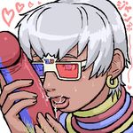  3d_glasses dark_skin earrings elena_(street_fighter) gill glasses jewelry lowres male_pubic_hair mozuyun neck_ring penis penis_on_face pubic_hair saliva short_hair silver_hair smile solo_focus street_fighter street_fighter_iii_(series) sweat white_hair 