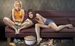  barefoot blonde_hair brown_hair chips couch dildo drink eileen_galvin food freckles game_console heather_mason magazine miniskirt multiple_girls no_panties pencil_skirt playstation popcorn pussy ranged_weapon short_hair silent_hill silent_hill_3 silent_hill_4 skirt wristband 
