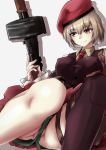  1girl beret briefs eyebrows_visible_through_hair girls_frontline gun hat holding holding_gun holding_weapon machine_gun machine_pistol mismatched_legwear necktie purple_eyes rpd rpd_(girls_frontline) shin_ichi_(zenshuu_bougyo) short_hair silver_hair skirt smile solo thick_thighs thighs trigger_discipline underwear weapon 