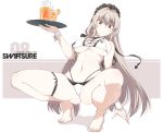  1girl azur_lane bangs barefoot bikini breasts character_name commentary_request cup eyebrows_visible_through_hair highleg highleg_bikini holding holding_tray large_breasts light_brown_hair long_hair maid_bikini maid_headdress mole mole_under_eye mole_under_mouth pitcher red_eyes shadow simple_background solo souji squatting swiftsure_(azur_lane) swiftsure_(midsummer_special_service)_(azur_lane) swimsuit tray two-tone_background white_bikini wrist_cuffs 