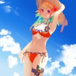  1girl adapted_costume bangs bikini blush breasts cloud day earrings feather_earrings feathers gradient_hair halterneck hat highres hololive hololive_english holster jewelry long_hair looking_at_viewer medium_breasts multicolored_hair orange_hair outdoors purple_eyes side-tie_bikini sky smile solo sun_hat swimsuit takanashi_kiara thigh_holster thigh_strap virtual_youtuber yunare 