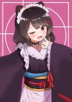  1girl absurdres animal_ears blush choker eyebrows_visible_through_hair fang hair_between_eyes hair_ornament highres inui_toko japanese_clothes kimono maid_headdress nijisanji one_eye_closed open_mouth red_eyes sash seojinhui virtual_youtuber 