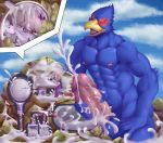  2020 anthro avian bird blue_body blue_fur bodily_fluids cum destruction eyes_closed facility factory falco_lombardi fur genital_fluids genitals hi_res macro male messy mountain muscular muscular_anthro muscular_male nintendo open_mouth penile penis penis_milking soliscanis solo star_fox togepi1125 video_games worship 