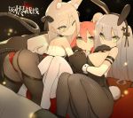  3girls 88_flak_(ash_arms) all_fours animal_ear_fluff animal_ears armband ash_arms ass black_legwear breasts bunny_ears bunny_girl bunny_tail fake_animal_ears fishnet_legwear fishnets flat_chest from_side garter_straps gloves green_eyes hair_between_eyes hair_over_one_eye kv-1_(ash_arms) large_breasts leotard long_hair looking_at_viewer lying multiple_girls one_eye_closed one_side_up pantyhose paw_gloves paws pink_hair playboy_bunny silver_hair slit_pupils tail thighhighs undeedking vk16.02_leopard_(ash_arms) 