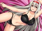  1girl black_bra black_panties bra breasts brown_eyes cameltoe headband kantai_collection lace lace-trimmed_bra lace_panties lace_trim large_breasts long_hair lying mirisha navel on_back panties red_headband shoukaku_(kantai_collection) solo underwear underwear_only white_hair 