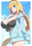  1girl :d akitokage01 alternate_breast_size bangs bikini black_bikini black_hairband blonde_hair blue_eyes blush border braid breasts cleavage collarbone commentary_request cowboy_shot day fate/grand_order fate_(series) finger_to_chin from_side front-tie_bikini front-tie_top hairband hand_up highres huge_breasts jacket jeanne_d&#039;arc_(fate)_(all) jeanne_d&#039;arc_(swimsuit_archer) large_breasts long_hair long_sleeves looking_at_viewer navel open_mouth outside_border single_braid sleeves_past_wrists smile solo standing swimsuit very_long_hair white_border 
