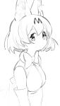  1girl :| absurdres animal_ear_fluff animal_ears bangs bare_shoulders bow bowtie breasts closed_mouth elbow_gloves expressionless extra_ears eyebrows_visible_through_hair from_side gloves greyscale hair_between_eyes highres kemono_friends kona_ming large_breasts looking_at_viewer looking_to_the_side monochrome serval_(kemono_friends) serval_ears short_hair simple_background sketch sleeveless solo tareme upper_body white_background 
