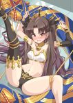  1girl absurdres armlet asymmetrical_legwear asymmetrical_sleeves bangs bikini black_hair blush breasts collarbone detached_sleeves earrings fate/grand_order fate_(series) gold_trim heavenly_boat_maanna highres hoop_earrings ishtar_(fate)_(all) ishtar_(fate/grand_order) jewelry long_hair looking_at_viewer medium_breasts mismatched_bikini navel neck_ring open_mouth parted_bangs red_eyes rope single_detached_sleeve single_thighhigh spread_legs swimsuit tearing_up thighhighs tiara two_side_up xiafuizui 