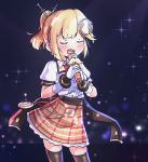  1girl adapted_costume alternate_hairstyle artist_apprentice blonde_hair closed_eyes gloves hair_ornament high-waist_skirt highres hololive hololive_english idol idol_clothes microphone monocle_hair_ornament music open_mouth plaid plaid_skirt pocket_watch ponytail singing skirt solo syringe syringe_hair_ornament thighhighs virtual_youtuber watch watson_amelia zettai_ryouiki 