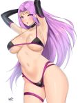  1girl armpits arms_up bangs bare_shoulders bikini black_bikini blush breasts cleavage collarbone facial_mark fate/stay_night fate_(series) forehead forehead_mark highleg highleg_bikini highres kisaragi_tsurugi large_breasts long_hair looking_at_viewer navel open_mouth parted_bangs purple_eyes purple_hair rider simple_background swimsuit thighs very_long_hair white_background 