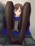  1girl bangs blue_skirt blush brown_eyes brown_hair commentary_request couch crotch_seam eyebrows_visible_through_hair half-closed_eyes idolmaster idolmaster_cinderella_girls lielos light_smile looking_at_viewer lying miniskirt mizumoto_yukari on_back on_couch open_mouth panties panties_under_pantyhose pantyhose pleated_skirt skirt solo underwear 