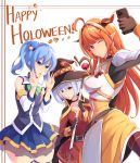  3girls ahoge alternate_costume amane_kanata aqua_(konosuba) aqua_(konosuba)_(cosplay) armor bare_shoulders blonde_hair blue_hair blush cellphone cosplay darkness_(konosuba) darkness_(konosuba)_(cosplay) detached_sleeves double_v dragon_horns fingerless_gloves gloves hair_ornament halloween happy_halloween hat highres holding holding_phone hololive horns hoshimachi_suisei kiryuu_coco kono_subarashii_sekai_ni_shukufuku_wo! long_hair maullarmaullar megumin megumin_(cosplay) miniskirt multicolored_hair multiple_girls one_eye_closed open_mouth orange_hair phone ponytail self_shot short_hair silver_hair skirt smartphone thighhighs v virtual_youtuber witch_hat x_hair_ornament 