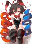  1girl :t =3 absurdres animal_ears asymmetrical_wings bangs bare_shoulders black_hair black_legwear blue_wings blush bow bowtie breasts bunny_ears cameltoe commentary_request daruia_(sabitare) detached_collar embarrassed fake_animal_ears feet groin hair_between_eyes heart highres houjuu_nue leotard looking_at_viewer medium_breasts medium_hair nose_blush playboy_bunny pout red_bow red_eyes red_neckwear red_wings simple_background sitting soles solo strapless strapless_leotard thick_thighs thighhighs thighs touhou white_background wiggling_toes wing_collar wings 