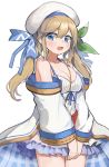  1girl absurdres bare_shoulders blonde_hair blue_eyes blush breasts cleavage cucouroux_(granblue_fantasy) frilled_skirt frills granblue_fantasy hair_between_eyes hat highres kukuru_(doraemon) large_breasts open_mouth seojinhui skirt twintails 