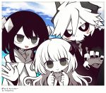  1boy 1girl 1other :d androgynous artist_name black_hair black_nails black_neckwear black_sclera blush child cloak cloud cloudy_sky commission demon_boy etihw eyes_visible_through_hair family father_and_daughter funamusea fur_collar grey_eyes grey_nails haiiro_teien hair_between_eyes head_tilt hood hood_down hooded_cloak horns kcalb long_hair long_sleeves looking_at_viewer mogeko_(okegom) mother_and_daughter necktie no_mouth open_mouth pale_skin parent_and_child photo_(object) pointing pointing_at_self screentones short_hair short_hair_with_long_locks sidelocks silhouette_(mogeko) skeb_commission sky slit_pupils smile sweat white_eyes white_hair 
