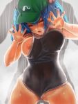  1boy 1girl against_fourth_wall bangs bare_shoulders black_swimsuit blue_eyes blue_hair blush body_blush breasts censored clothed_sex commentary cowboy_shot flat_cap green_headwear hair_between_eyes hair_bobbles hair_ornament hands_against_glass hat highres jubakurei kawashiro_nitori large_breasts medium_hair mosaic_censoring nipple_slip nipples open_mouth school_swimsuit sex sex_from_behind short_twintails showering solo_focus standing standing_sex swimsuit swimsuit_aside touhou twintails two_side_up water wet wet_clothes wet_swimsuit 