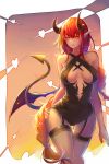  1girl bare_shoulders black_leotard breasts breasts_apart center_opening cowboy_shot criss-cross_halter demon_girl demon_horns demon_tail garter_straps halterneck hand_on_hip heart highres horns leotard long_hair medium_breasts original parted_lips pink_eyes pointy_ears red_hair solo standing succubus symbol_commentary tail thigh_gap thighhighs very_long_hair wings zel_(o_q) 