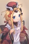  abigail_williams_(fate/grand_order) bangs benienma_(fate/grand_order) benienma_(fate/grand_order)_(cosplay) bird_hat black_bow blonde_hair blue_eyes bow breasts brown_kimono cosplay fate/grand_order fate_(series) forehead highres japanese_clothes kimono long_hair long_sleeves low_ponytail miya_(miyaruta) multiple_bows orange_bow parted_bangs ponytail rice_spoon sidelocks small_breasts wide_sleeves wooden_spoon 