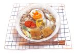  bowl carrot chopsticks commentary_request daruia_(sabitare) food food_request from_above hardboiled_egg highres napkin no_humans noodles original ramen simple_background soup spring_onion tofu white_background 