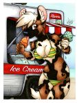  2020 african_wild_dog anthro awning beach bikini black_body black_fur blonde_hair breasts brown_body brown_eyes brown_fur canid canine clothed clothing commercial_vehicle delivery_(commerce) delivery_vehicle dessert english_text female food food_truck fur hair ice_cream ice_cream_cone ice_cream_van licking mammal medium_truck michele_light multi-stop_van sea seaside sky solo swimwear tan_body tan_fur text tongue tongue_out truck_(vehicle) van vehicle water 