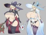  2girls adapted_costume artoria_pendragon_(all) artoria_pendragon_(lancer_alter) black_gloves black_horns braid breasts cloak fate/grand_order fate_(series) fur_trim gigantic_breasts gloves grey_background hat highres hirasawa_seiji horns horns_through_headwear loincloth long_hair mage multiple_girls platinum_blonde_hair revealing_clothes royal_icing see-through staff tied_hair wizard wizard_hat work_in_progress 