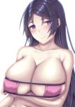  1girl bangs bikini blush breasts eyepatch_bikini fate/grand_order fate_(series) huge_breasts long_hair looking_at_viewer minamoto_no_raikou_(fate/grand_order) minamoto_no_raikou_(swimsuit_lancer)_(fate) ohguro_mariya parted_bangs purple_bikini purple_eyes purple_hair simple_background smile solo strapless strapless_bikini swimsuit upper_body very_long_hair white_background 