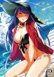  1girl absurdres bangs beach bikini black_bikini blue_eyes blush breasts choker cleavage collarbone cover cover_page cross_choker doujin_cover earrings fate/grand_order fate_(series) hat hidebuu highres jacket jacket_on_shoulders jewelry large_breasts long_hair looking_at_viewer one_eye_closed purple_hair red_jacket saint_martha saint_martha_(swimsuit_ruler)_(fate) sitting smile sun_hat swimsuit thighs 