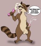  anthro bodily_fluids cum doughnut dreamworks eating ejaculating_cum english_text food genital_fluids hi_res male mammal masturbation nude over_the_hedge procyonid raccoon rj_(over_the_hedge) solo squeezing text thr33y3dg0at 