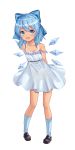  1girl absurdres bangs blue_bow blue_hair bow cirno collarbone dress full_body hair_between_eyes hair_bow happycloud highres ice ice_wings looking_at_viewer medium_hair panties see-through solo strap_slip striped striped_panties tan tanline tanned_cirno touhou underwear white_background white_dress wings 