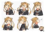  abukuma_(kantai_collection) annin_musou bangs black_jacket blonde_hair blue_eyes commentary_request double_bun expressions grey_sailor_collar hair_between_eyes hair_rings inset jacket kantai_collection long_hair looking_at_viewer looking_to_the_side pout remodel_(kantai_collection) sailor_collar school_uniform serafuku short_sleeves simple_background smile surprised upper_body whistling white_background 