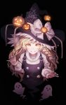  1girl apron black_background black_nails blonde_hair bow braid buckle ghost ghost_pose grin hair_bow halloween hat hat_bow highres jack-o&#039;-lantern kirisame_marisa long_hair looking_at_viewer pumpkin side_braid simple_background single_braid smile solo spider_web_print teeth torinari_(dtvisu) touhou waist_apron white_bow witch_hat yellow_eyes 