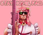  agito666 ahoge arnold_schwarzenegger bangs bare_shoulders bell english_commentary english_text glowing glowing_eye gun hair_bell hair_ornament hand_up highres holding holding_gun holding_weapon hololive one_side_up parody pink_background pink_hair red_ribbon ribbon sakura_miko shiny shiny_hair sleeveless solo sunglasses t-800 terminator upper_body virtual_youtuber weapon x_hair_ornament 